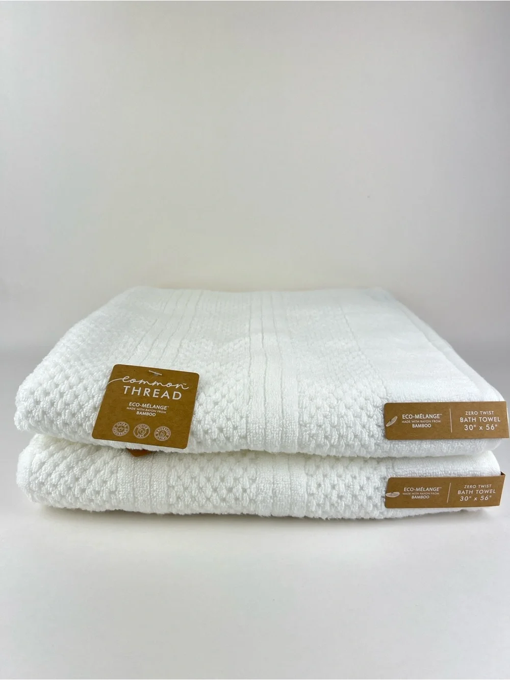 Common Thread Bath Towels White Eco Melange Bamboo Soft Cotton 2 Pc Set NEW